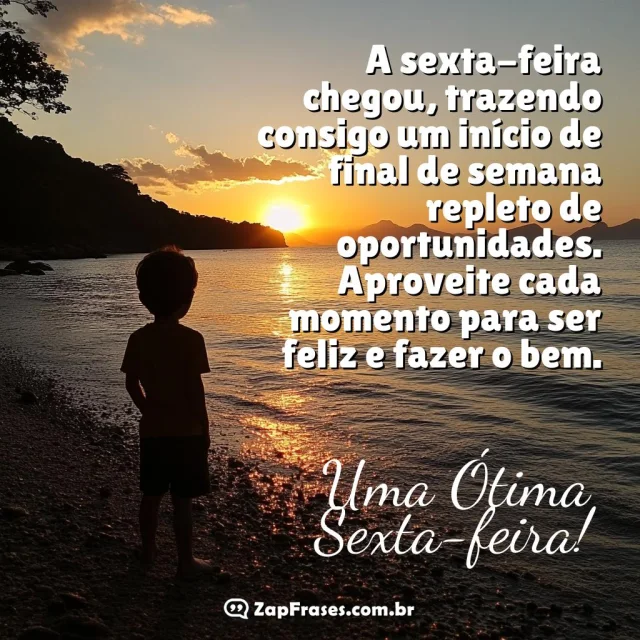 Imagem de um pôr do sol na praia com mensagem inspiradora de sexta-feira
