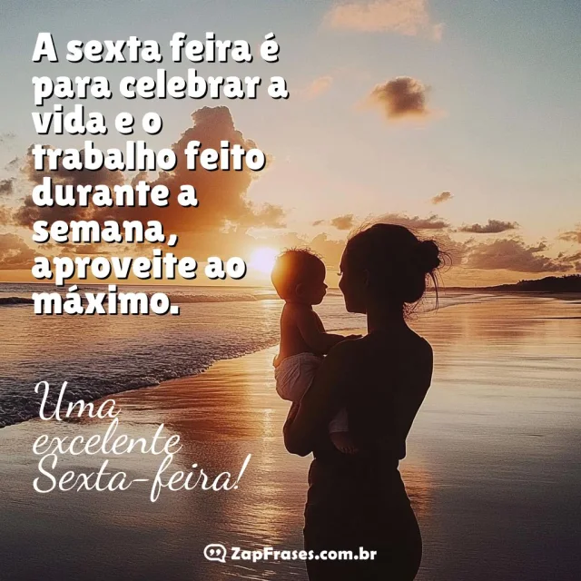 Imagem de praia ao pôr do sol com mensagem inspiradora para sexta-feira