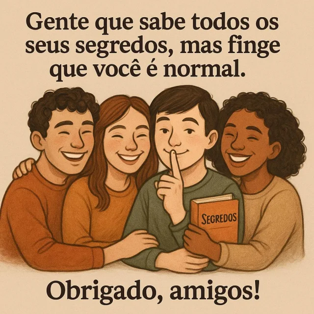 Grupo de amigos unidos guardando segredos com um gesto de silêncio, simbolizando confiança e amizade.