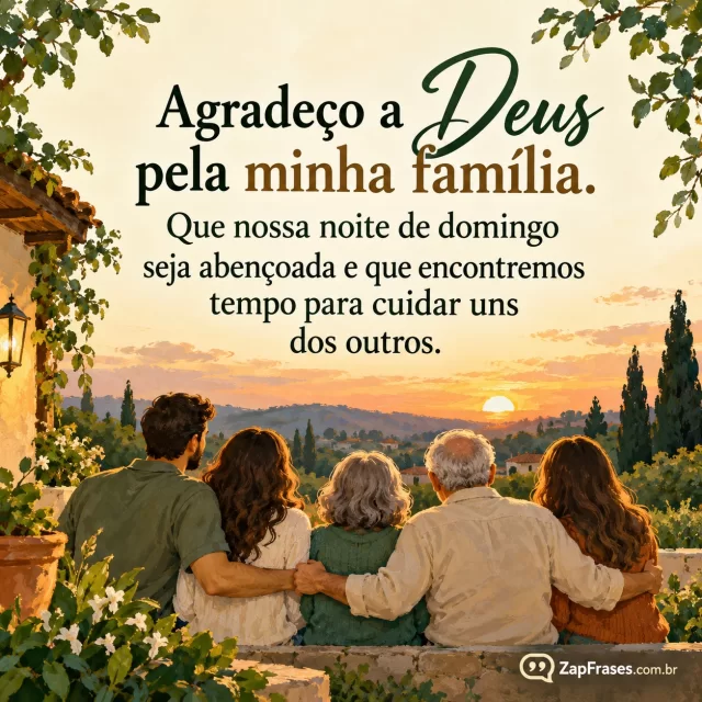 Família adulta de três gerações de mãos dadas em faixa inferior.. Arte com a mensagem: Agradeço a Deus pela minha família. Que nossa noite de domingo seja abençoada e que encontremos tempo para cuidar uns dos outros.