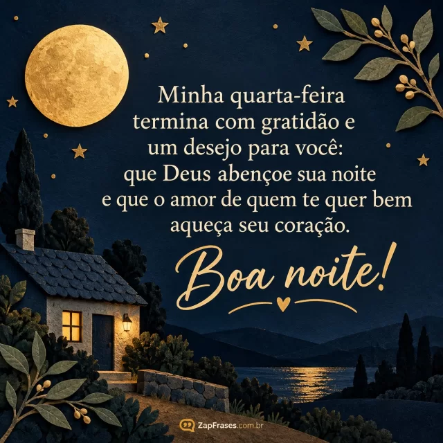 Lua em papel dourado fosco, ramo pequeno e casa simples em azul escuro.. Arte com a mensagem: Minha quarta-feira termina com gratidão e um desejo para você: que Deus abençoe sua noite e que o amor de quem te quer bem aqueça seu coração. Boa noite!