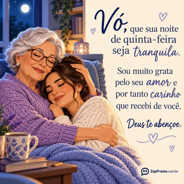 Avó e neta adulta abraçadas à noite, pequeno gesto terno.. Arte com a mensagem: Vó, que sua noite de quinta-feira seja tranquila. Sou muito grata pelo seu amor e por tanto carinho que recebi de você. Deus te abençoe.