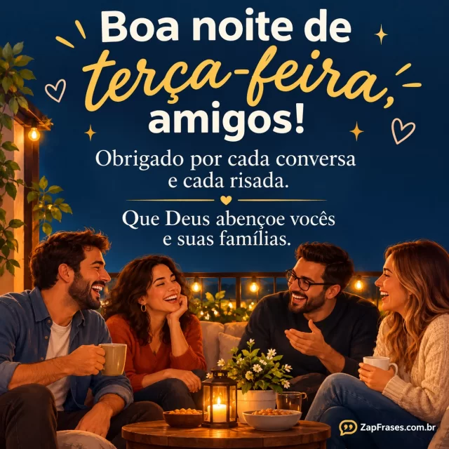 Amigos adultos rindo em varanda à noite, cena reduzida na base.. Arte com a mensagem: Boa noite de terça-feira, amigos! Obrigado por cada conversa e cada risada. Que Deus abençoe vocês e suas famílias.