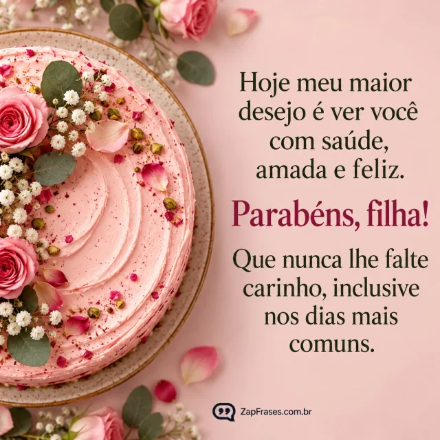 Bolo visto de cima com detalhes florais discretos, grande área lisa. Arte com a mensagem: Hoje meu maior desejo é ver você com saúde, amada e feliz. Parabéns, filha! Que nunca lhe falte carinho, inclusive nos dias mais comuns.