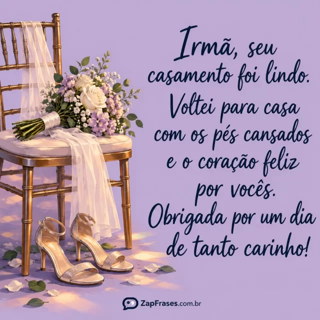 Ilustração de cadeira com buquê e tecido claro, sapatos de festa ao lado e mensagem em letra manual azul sobre lilás.. Arte com a mensagem: Irmã, seu casamento foi lindo. Voltei para casa com os pés cansados e o coração feliz por vocês. Obrigada por um dia de tanto carinho!