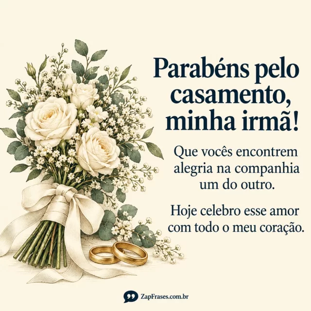 Gravura de buquê branco com fita e duas alianças, acompanhada de mensagem azul em fundo marfim.. Arte com a mensagem: Parabéns pelo casamento, minha irmã! Que vocês encontrem alegria na companhia um do outro. Hoje celebro esse amor com todo o meu coração.