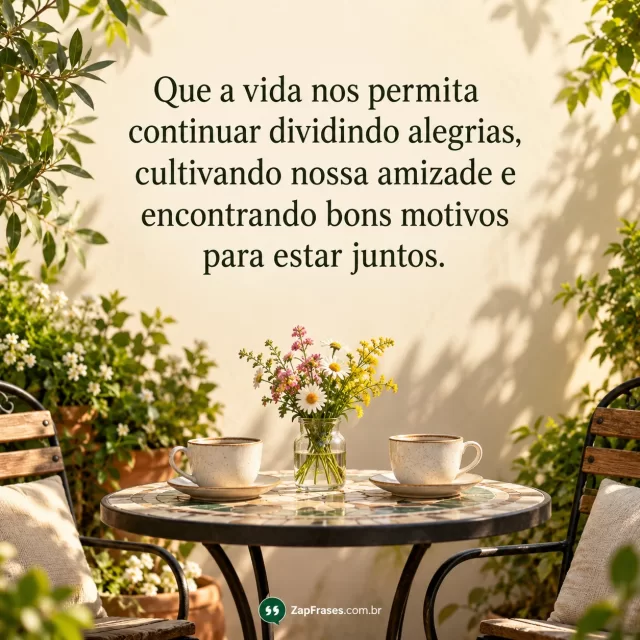 Mesa de jardim com duas xícaras e flores em fotografia, texto em parede clara. Cena corresponde a estar juntos; frase completa e marca pequena na base.. Arte com a mensagem: Que a vida nos permita continuar dividindo alegrias, cultivando nossa amizade e encontrando bons motivos para estar juntos.