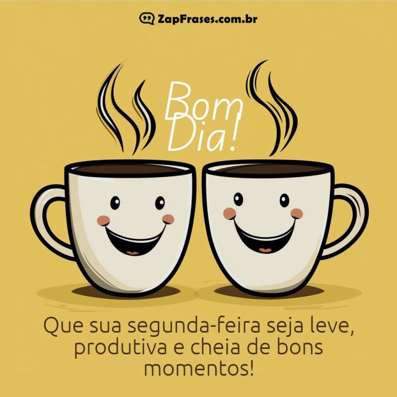 Imagem animada de duas xícaras de café com rostos felizes, ilustrando uma mensagem inspiradora para uma segunda-feira produtiva.