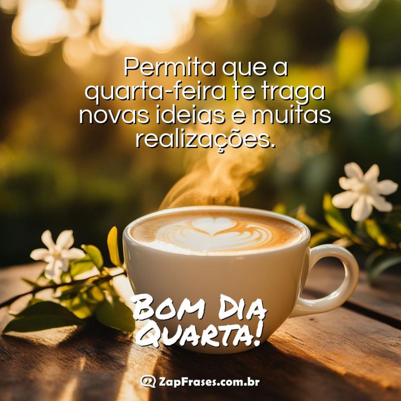 Café com leite decorado, mensagem de bom dia quarta-feira com novas ideias e realizações