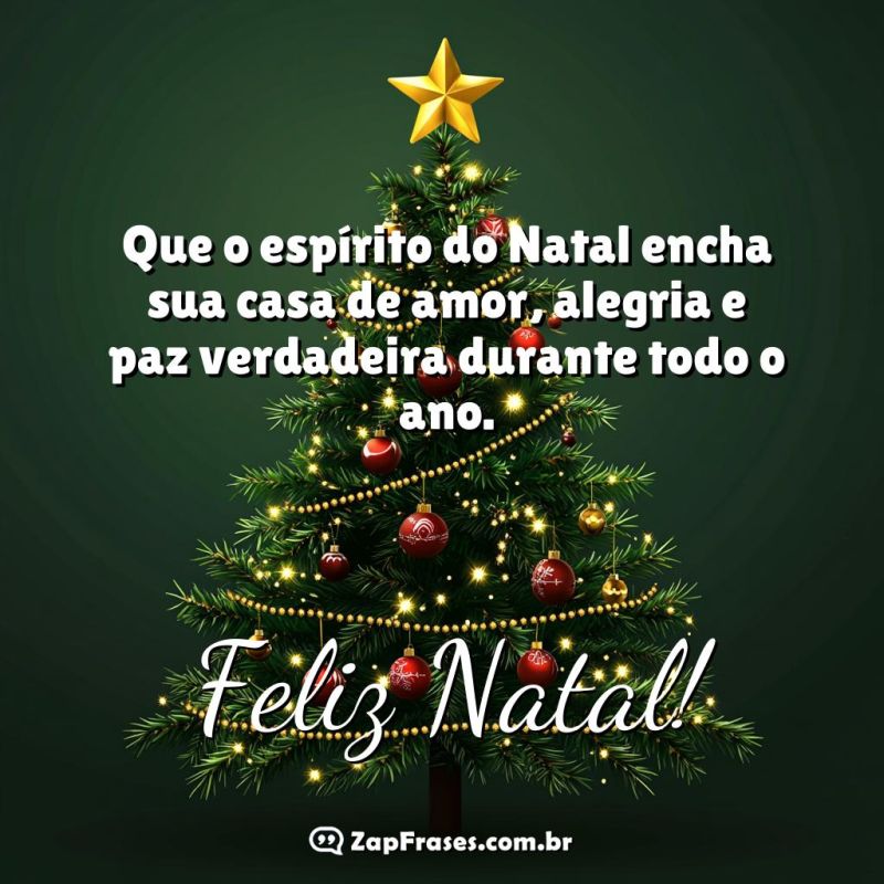 Árvore de Natal ricamente decorada com a mensagem: Feliz Natal! Que o espírito do Natal encha sua casa de amor, alegria e paz verdadeira durante todo o ano.