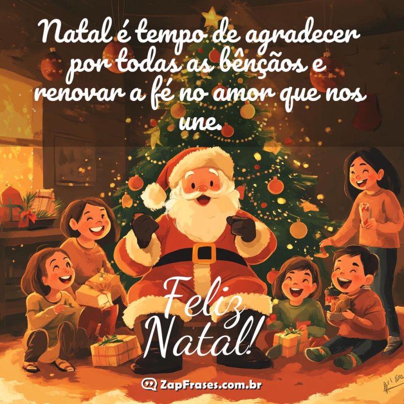 Papai Noel e crianças sorridentes ao redor da árvore de Natal, celebrando com presentes e felicidade.